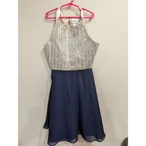 Girls silver rhinestone lined bodace formal w/navy organza skirt Rare Editions